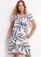 Quintess - Vestido Lenço Bege com Bolsos e Mangas Curtas - variação: Folhagem Azul