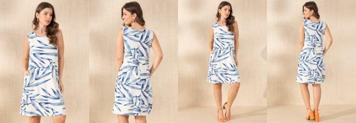 Vestido Folhagem Azul com Bolsos