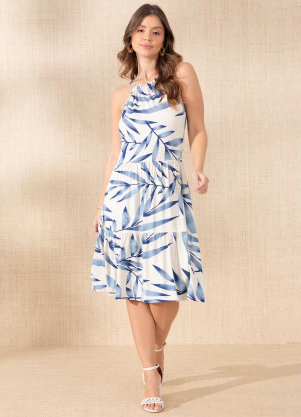 Quintess - Vestido Folhagem Azul com Decote Halter Franzido 3