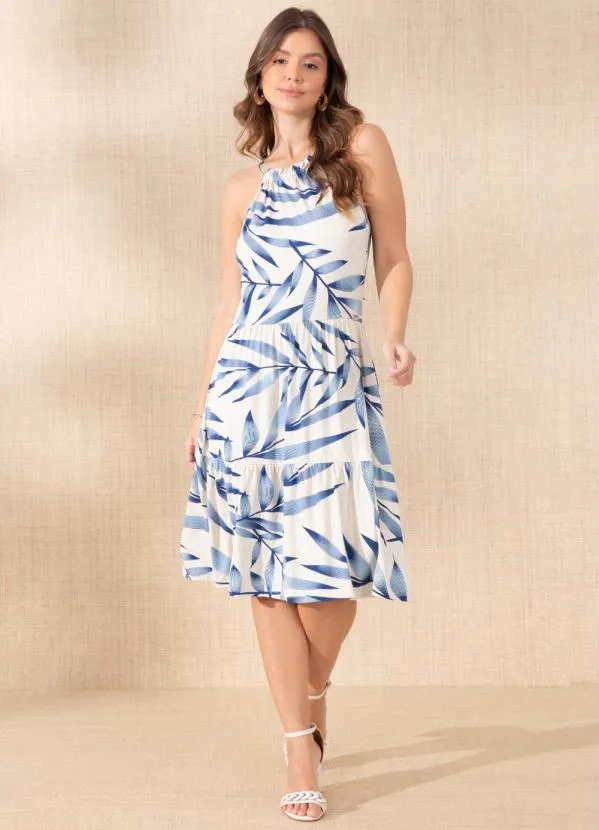 Quintess - Vestido Folhagem Azul com Decote Halter Franzido 3