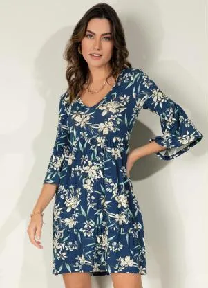 Quintess - Vestido Folhagem Azul com Franzidos - QUINTESS