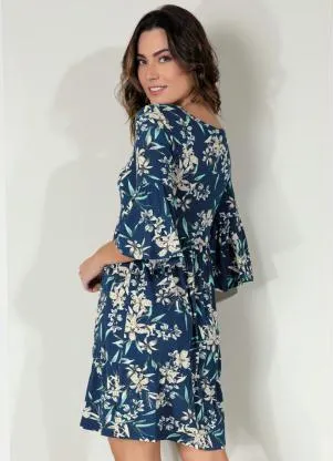 Quintess - Vestido Folhagem Azul com Franzidos - QUINTESS