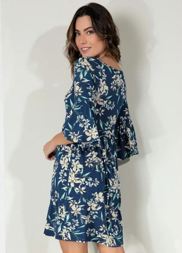 Quintess - Vestido Folhagem Azul com Franzidos 2