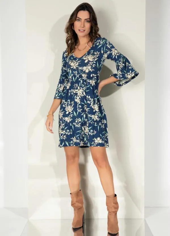 Quintess - Vestido Folhagem Azul com Franzidos 3