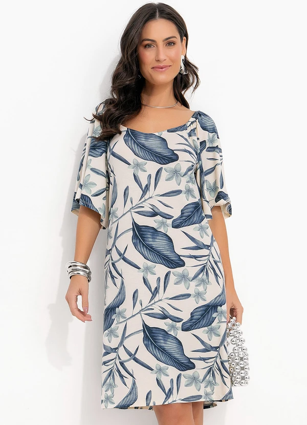 Quintess - Vestido Folhagem Azul em Malha de Viscose