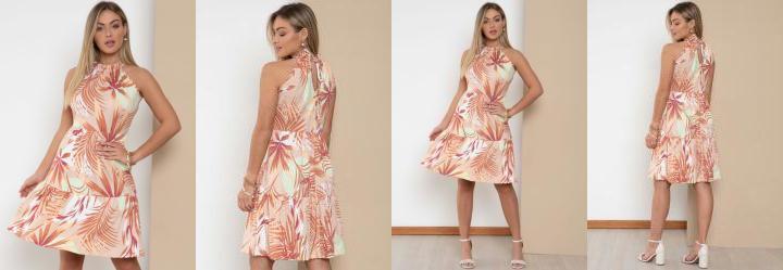 Vestido Folhagem Bege com Decote Halter Franzido