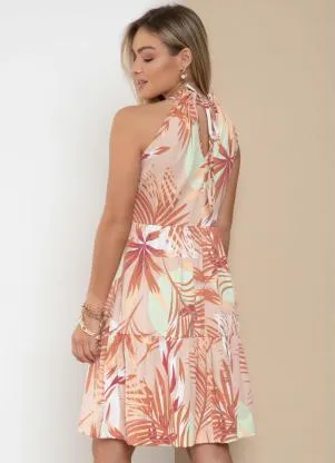 Quintess - Vestido Folhagem Bege com Decote Halter Franzido - QUINTESS