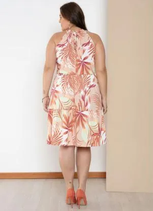 Quintess - Vestido Folhagem Bege com Decote Halter Franzido - QUINTESS