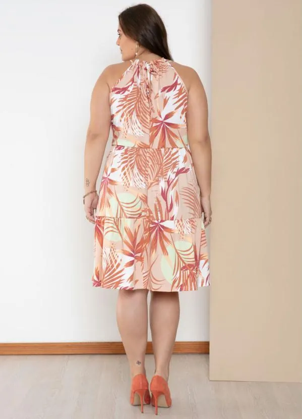 Quintess - Vestido Folhagem Bege com Decote Halter Franzido 2