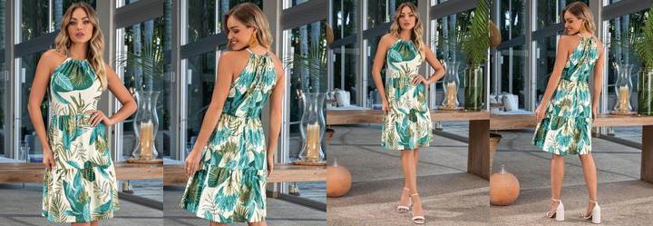 Vestido Folhagem Bege em Malha Fria