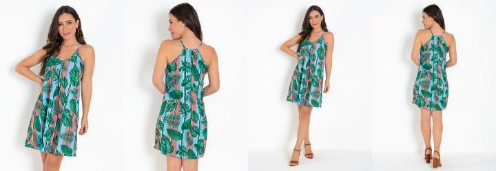 Vestido Folhagem e Listrado com Prega e Alas