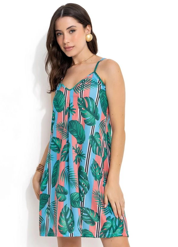 Moda Pop - Vestido Folhagem e Listrado com Prega e Alças