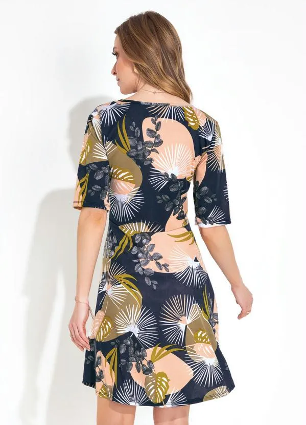 Moda Pop - Vestido Folhagem Marinho com Mangas Curtas 2