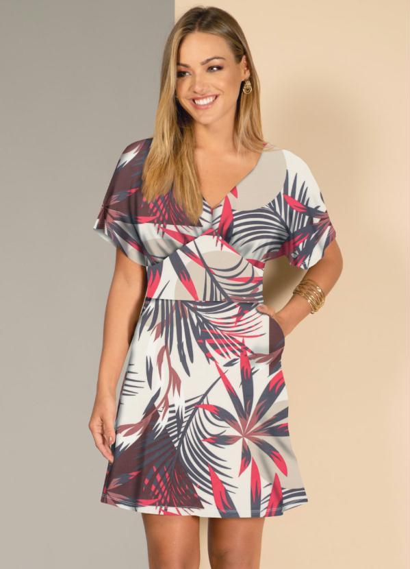 Quintess - Vestido Folhagem Marrom com Mangas Amplas