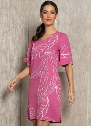 Vestido (Folhagem Rosa) com Bolsos