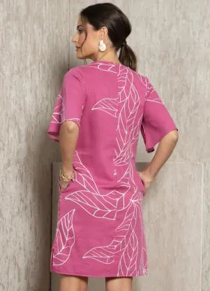 Quintess - Vestido Folhagem Rosa com Bolsos - QUINTESS