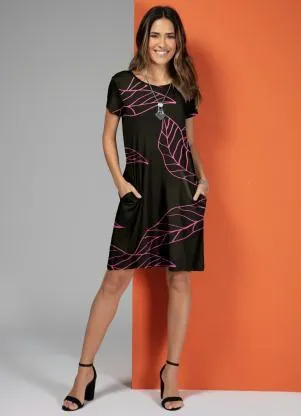 Quintess - Vestido Folhagem Rosa com Bolsos - QUINTESS