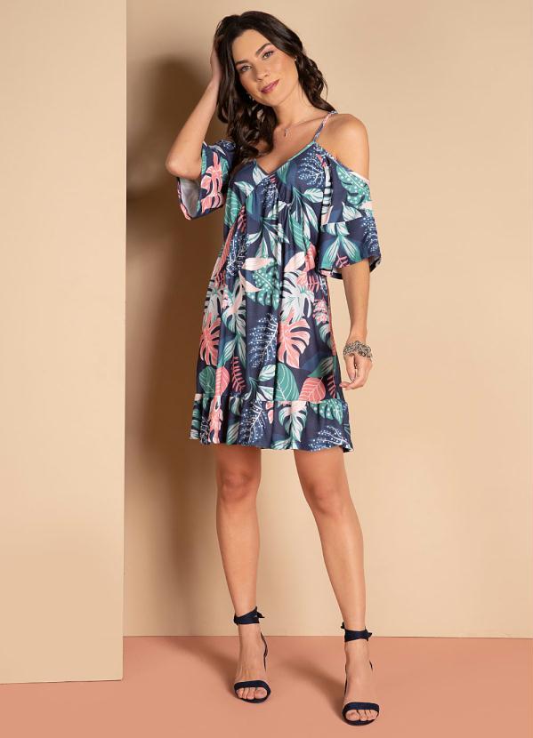 Quintess - Vestido Folhagem Roxa com Franzidos e Babados 3