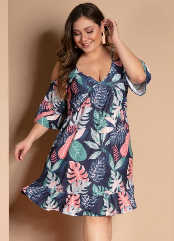 Quintess - Vestido Folhagem Roxa com Franzidos e Babados 6