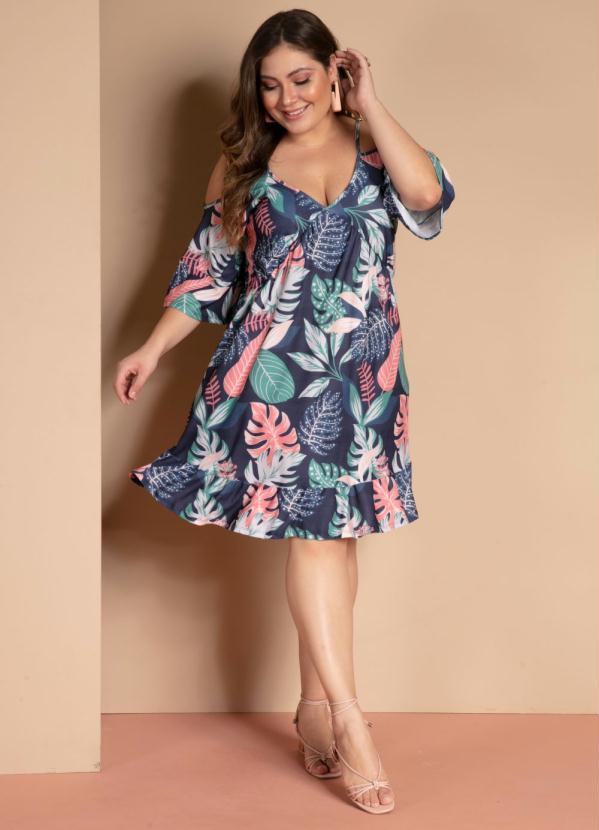 Quintess - Vestido Folhagem Roxa com Franzidos e Babados 8