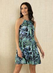 Vestido Folhagem Tropical com Recortes Franzidos
