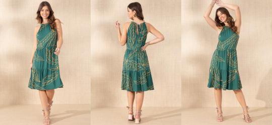 Vestido Folhagem Verde com Decote Halter