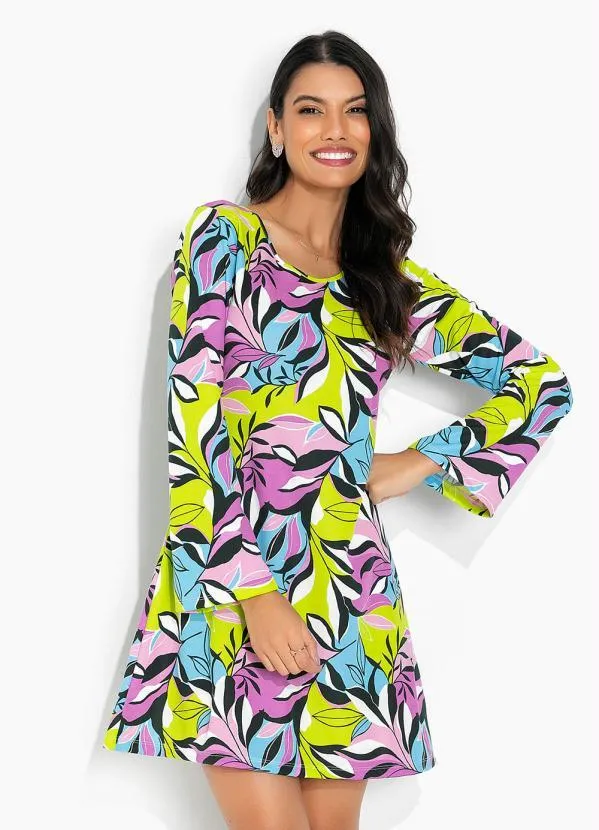Moda Pop - Vestido Folhagem Verde com Mangas Longas