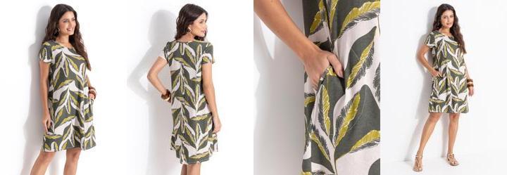 Vestido Folhagem Verde em Malha de Viscose
