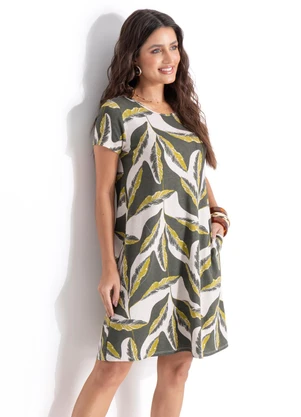 Quintess - Vestido Folhagem Verde em Malha de Viscose - QUINTESS
