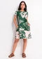 Quintess - Vestido Lenço Bege com Bolsos e Mangas Curtas - variação: Folhagem Verde