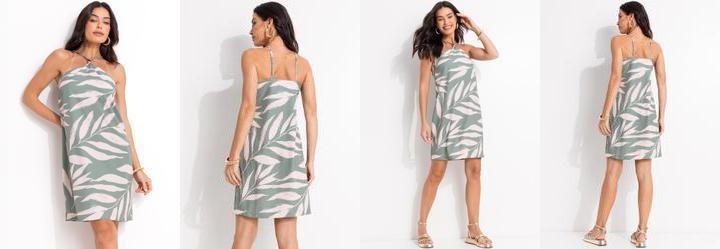 Vestido Folhagem Verde em Tecido Plano Creponado
