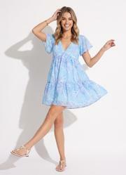 Vestido Folhas Azuis com Manga Evas�