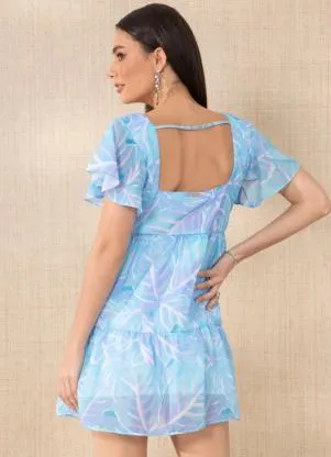 Quintess - Vestido Folhas Azuis com Manga Evasê - QUINTESS