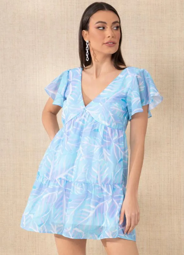 Quintess - Vestido Folhas Azuis com Manga Evasê