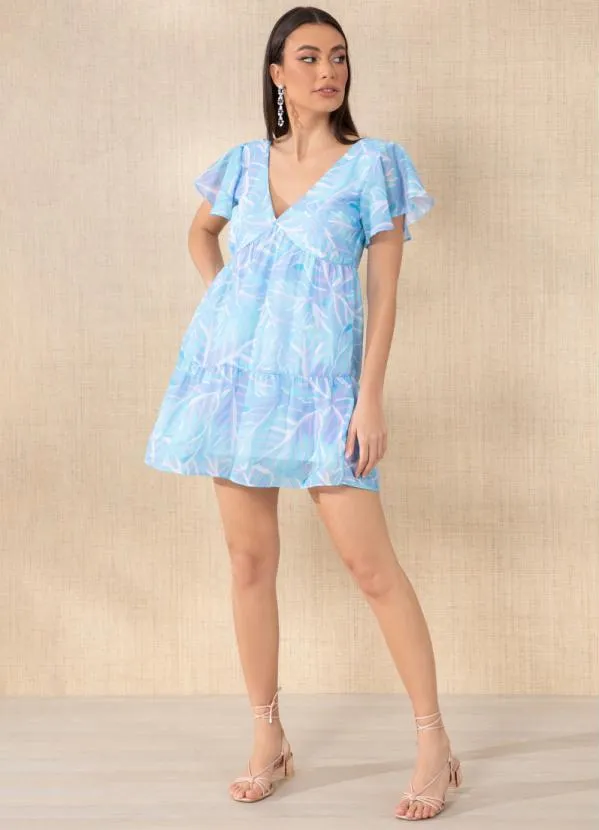 Quintess - Vestido Folhas Azuis com Manga Evasê 3