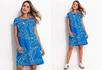 Vestido Folhas Azul com Bolsos