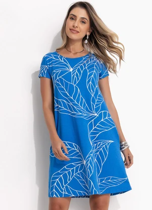 Quintess - Vestido Folhas Azul com Bolsos - QUINTESS