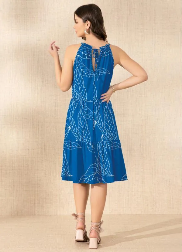 Quintess - Vestido Folhas Azul com Decote Halter