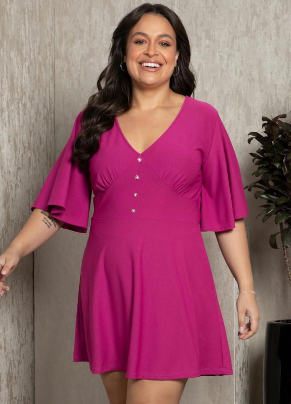 Quintess - Vestido Fúcsia com Botões Jóias Decorativos 6