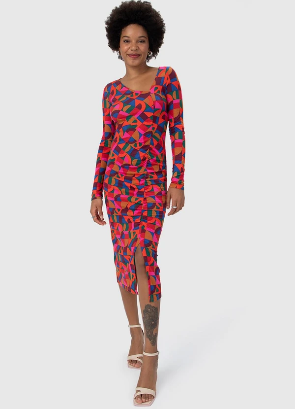 Malwee - Vestido Geométrico Canelado com Fenda Vermelho