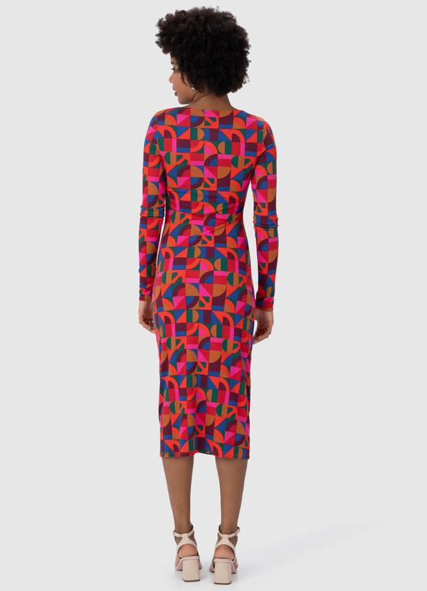 Malwee - Vestido Geométrico Canelado com Fenda Vermelho 2