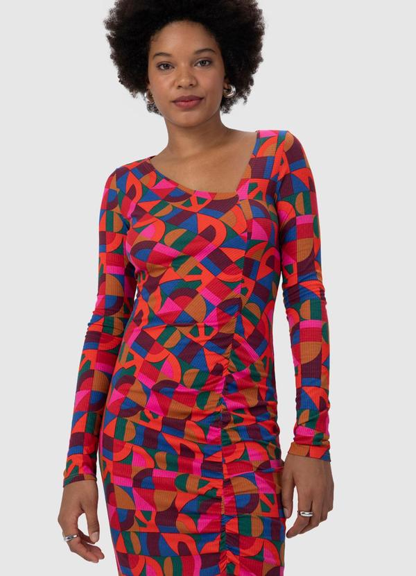 Malwee - Vestido Geométrico Canelado com Fenda Vermelho 3