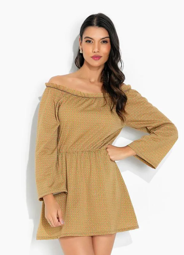 Moda Pop - Vestido Geométrico Marrom com Manga Ampla