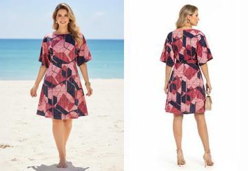 Vestido Geomtrico Rosado com Mangas Amplas