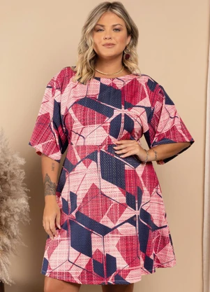 Quintess - Vestido Geométrico Rosado com Mangas Amplas - QUINTESS