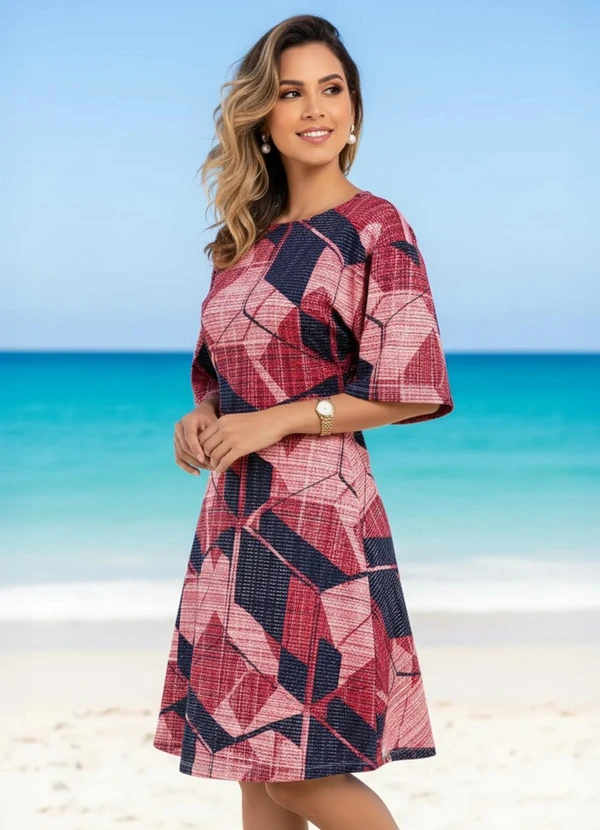 Quintess - Vestido Geométrico Rosado com Mangas Amplas 2