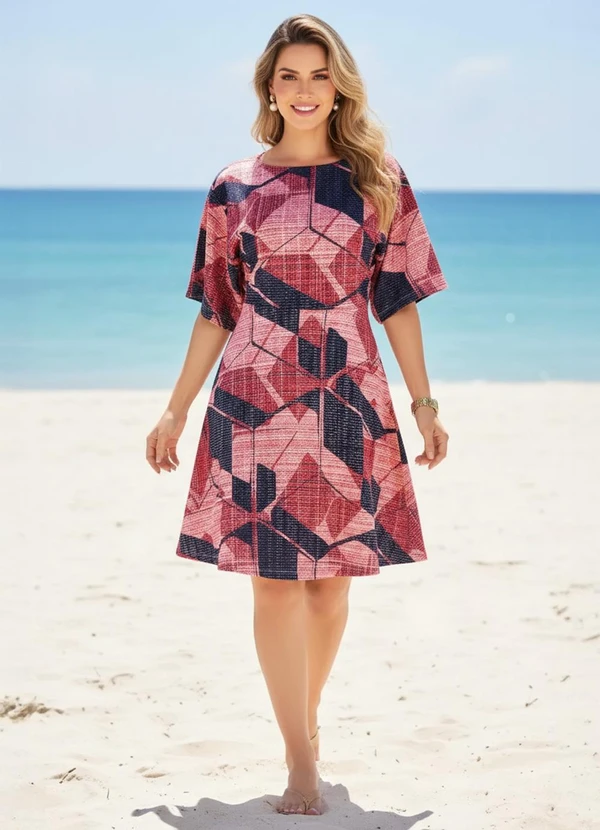 Quintess - Vestido Geométrico Rosado com Mangas Amplas 3
