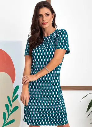 Rovitex - Vestido Geométrico Verde em Malha Fria - ROVITEX