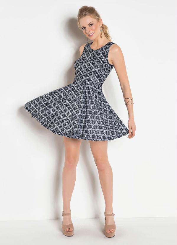 Outlet - Vestido Godê com Recortes Estampado Preto 4