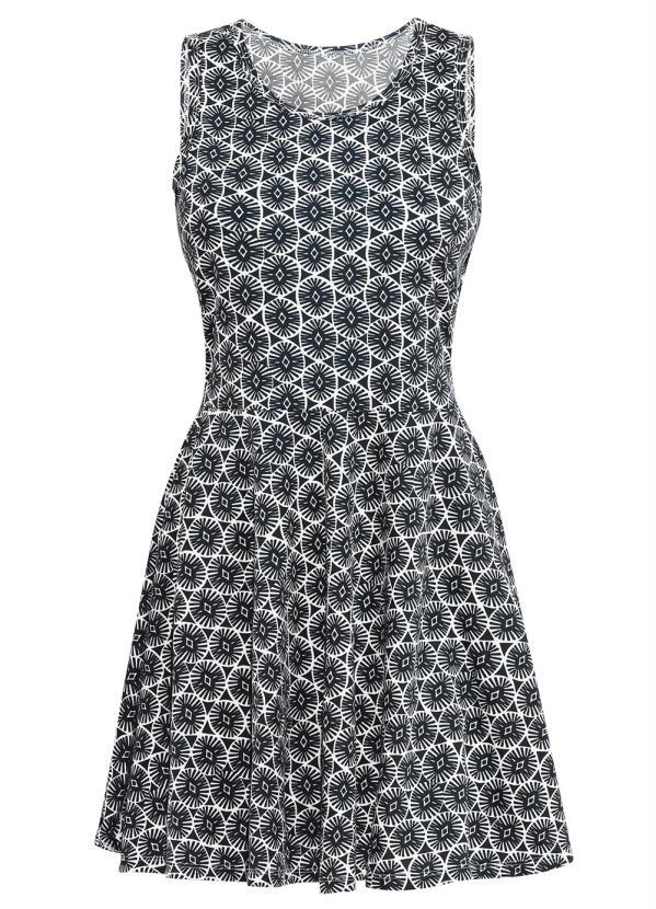 Outlet - Vestido Godê com Recortes Estampado Preto 7